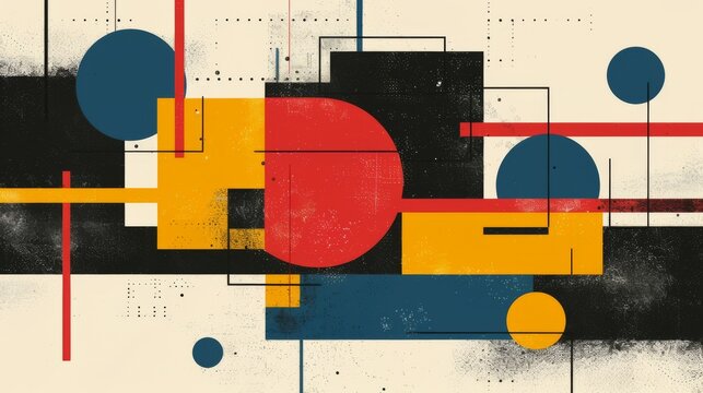 Abstract geometric Bauhaus poster with circles, squares, and triangles. Primary colors and clean lines. Minimalist design. Vector art