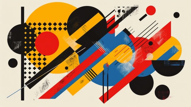 Abstract geometric Bauhaus poster with circles, squares, and triangles. Primary colors and clean lines. Minimalist design. Vector art