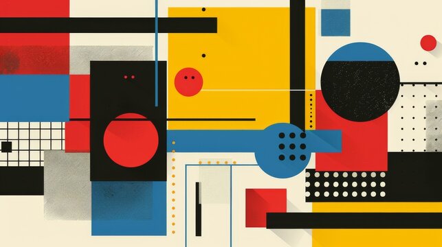 Abstract geometric Bauhaus poster with circles, squares, and triangles. Primary colors and clean lines. Minimalist design. Vector art