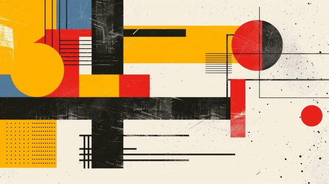 Abstract geometric Bauhaus poster with circles, squares, and triangles. Primary colors and clean lines. Minimalist design. Vector art