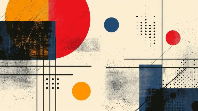 Abstract geometric Bauhaus poster with circles, squares, and triangles. Primary colors and clean lines. Minimalist design. Vector art