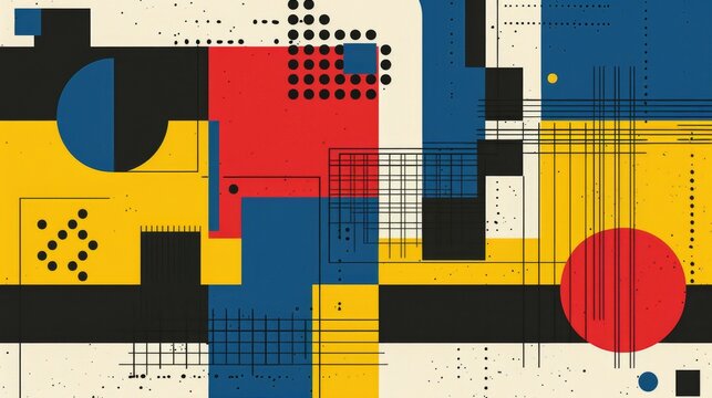 Abstract geometric Bauhaus poster with circles, squares, and triangles. Primary colors and clean lines. Minimalist design. Vector art