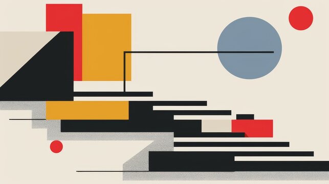 Abstract geometric Bauhaus poster with circles, squares, and triangles. Primary colors and clean lines. Minimalist design. Vector art