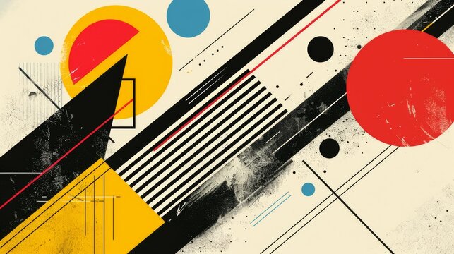 Abstract geometric Bauhaus poster with circles, squares, and triangles. Primary colors and clean lines. Minimalist design. Vector art