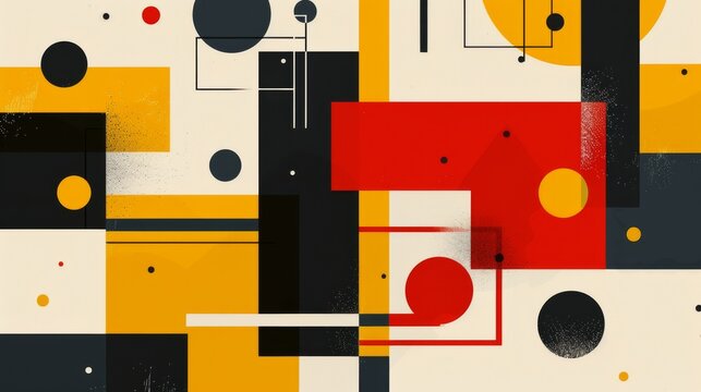Abstract geometric Bauhaus poster with circles, squares, and triangles. Primary colors and clean lines. Minimalist design. Vector art