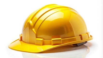 Yellow safety helmet is laying on a white background, representing workplace safety and accident prevention