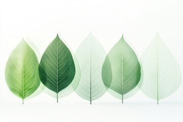 A gradient display of five leaves, various shades of green.  translucent leaves, modern minimal greenery watercolor illustration 