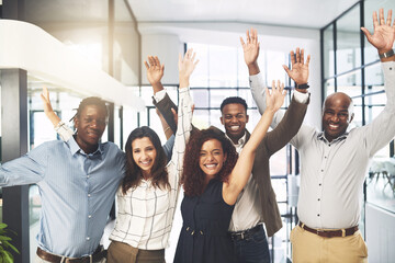Aufkleber - Celebrate, teamwork and portrait of business people in office for winning, collaboration and partnership. Corporate workers, diversity and men and women for professional career, company and success