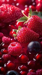 Wall Mural -   A close-up of strawberries and blueberries in water with a leaf on top of the bowl