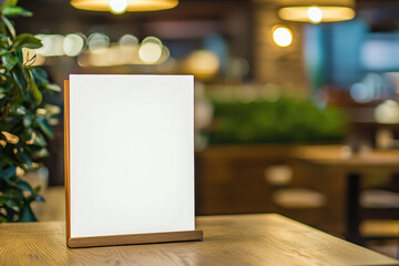 Blank menu mockup on the table in the restaurant with blurred background. Design template with copyspace