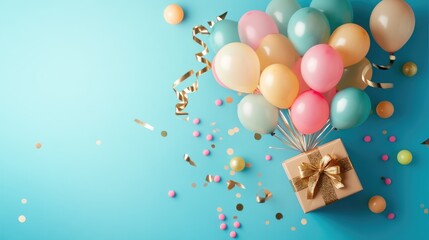 flat lay of a gift box bursting with balloons for a 50th birthday celebration