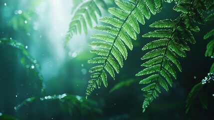 Poster -   Close-up shot of a lush green plant with droplets of water glistening on the foliage, illuminated by golden sunlight filtering through the leaves