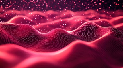 Abstract red wave digital background with glowing particles.