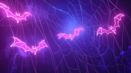 Wall Mural - neon halloween background with neon spider web