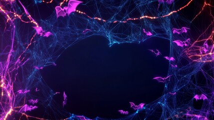 Wall Mural - neon halloween background with neon spider web