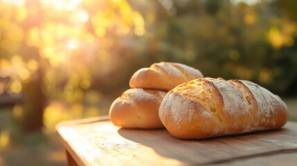 Freshly baked bread on the table with a softly blurred natural backdrop