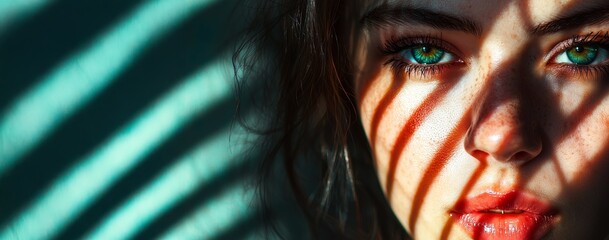 Wall Mural - close-up portrait of a young woman with shadows from blinds on her face Generative AI