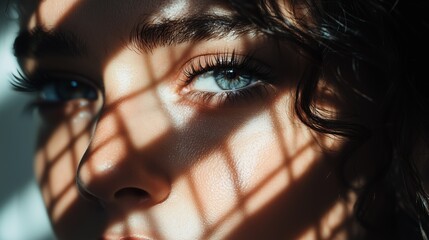 Wall Mural - close-up portrait of a young woman with shadows from blinds on her face Generative AI