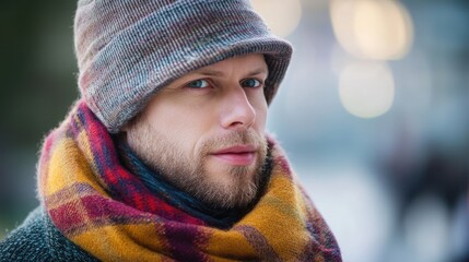 Man wearing a scarf and hat showcasing a sale discount theme