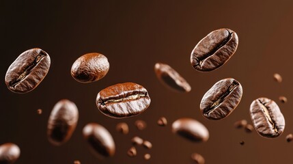 Sticker -   Coffee beans floating mid-air, spewing more beans beneath, set against a rich earthy backdrop