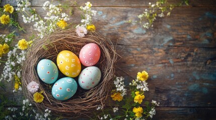 Colorful painted eggs nestled in a twig nest showcasing a close up view on a wooden table adorned with scattered spring flowers creating a festive backdrop for Easter