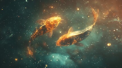 pisces symbol with two glowing fish swimming through a cosmic sea of ​​stars