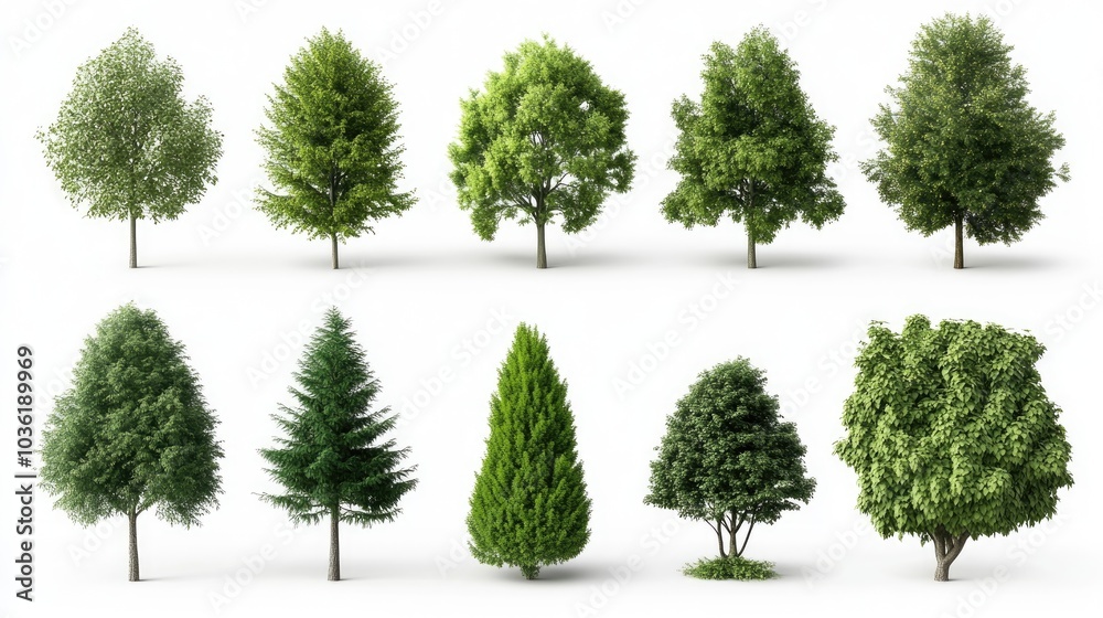 Large collection of isolated 3D green trees on a white background ...