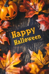 Happy Halloween lettering text on background with carved pumpkins with scary smiling face jack o lantern and colorful autumn leaves. Template for party banner, poster, invitation, greeting card