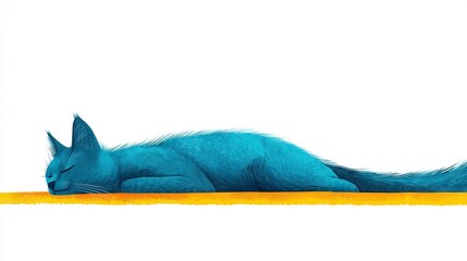 Wall Mural -   A blue cat sits atop a yellow floor adjacent to a blue and yellow object against a white backdrop