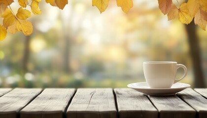 A cozy cup of coffee on a wooden table surrounded by autumn leaves