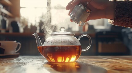 Poster -   A steaming teapot sits on a table in front of a cup of tea