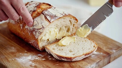 Poster -   A person slices a loaf of bread on a cutting board with butter spread on it, using a knife to cut through the center