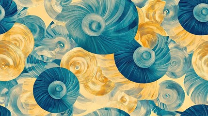 Wall Mural -   A painting of vibrant seashells on a golden canvas, with swirling patterns in the center