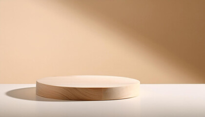Poster - Minimalist wooden platform with a white base sits on a cream background, illuminated by a soft, angled light, casting a shadow.