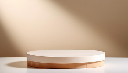 Poster - Minimalist wooden platform with a white base sits on a cream background, illuminated by a soft, angled light, casting a shadow.