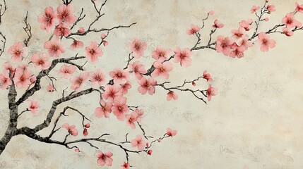 Sticker -   A painting of a tree adorned in pink flowers against a beige background, featuring a black bird perched on its branches