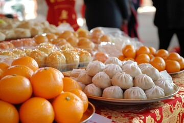 Close-up of traditional Chinese New Year foods on a festive table