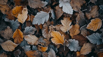 Poster - Frost clings to autumn leaves of various colors, creating a serene landscape on the forest floor. The soft morning light enhances the beauty of the vibrant yellows, oranges, and muted grays.