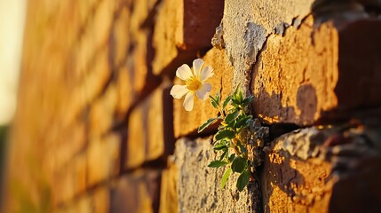 Canvas Print -   White flower grows in crack in brick wall; green vine also