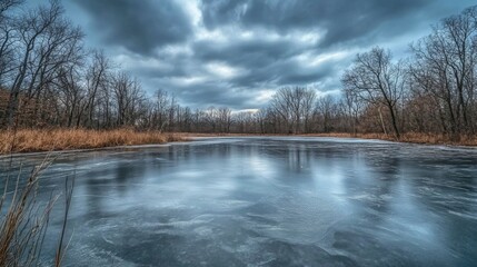 Poster - A tranquil pond, partially frozen, reflects the overcast sky. Leafless trees frame the water's edge, hinting at the transition from winter to early spring with golden grasses in the background.