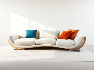 Wall Mural - Modern sofa in a white room adorned with vibrant orange and blue pillows, creating a stylish and inviting atmosphere