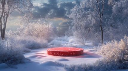Aufkleber - A striking red circular object contrasts against a serene snowy landscape. Surrounding trees are frosted, and the twilight sky adds a mystical ambiance, enhancing the wintry scene's tranquility.