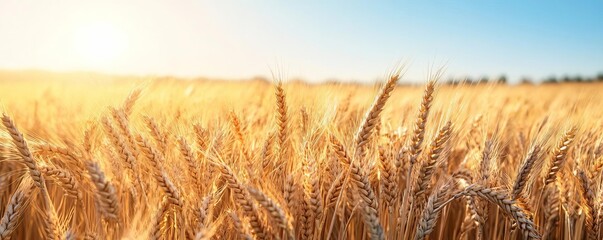 Golden wheat field under a bright blue sky with sunlight illuminating the crops.