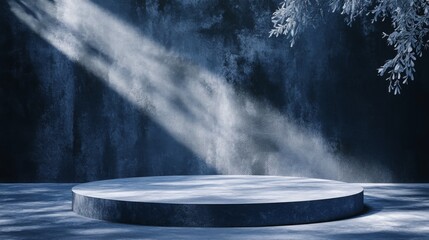 Aufkleber - A circular platform sits quietly in a calming blue setting, gently lit by soft beams of light that filter through. The atmosphere is peaceful, enhanced by muted shadows and a touch of nature.