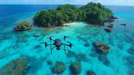 Poster - The drone soars over a pristine tropical island featuring vibrant blue waters and rich green foliage, highlighting stunning natural beauty and serenity.