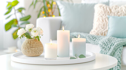 Wall Mural - Candles and flowers in cozy home decor creating a relaxing atmosphere