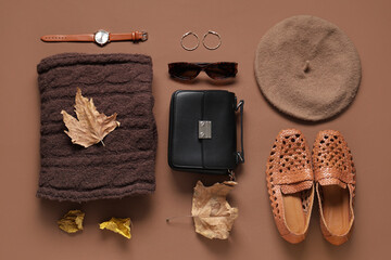 Wall Mural - Stylish bag, accessories and dry leaves on brown background