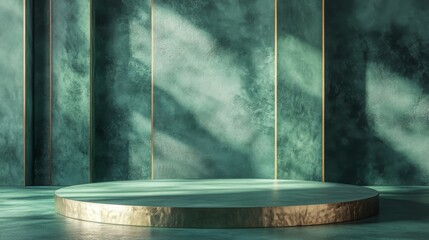 Aufkleber - A gold-trimmed circular stage against textured green walls is bathed in soft sunlight, creating a serene and elegant atmosphere ideal for presentations or performances.