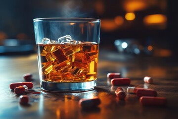 A glass of whiskey accompanied by scattered pills in a dimly lit setting during the evening hours