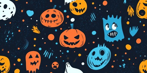 Halloween seamless pattern with pumpkins, ghosts and monsters on dark blue background.